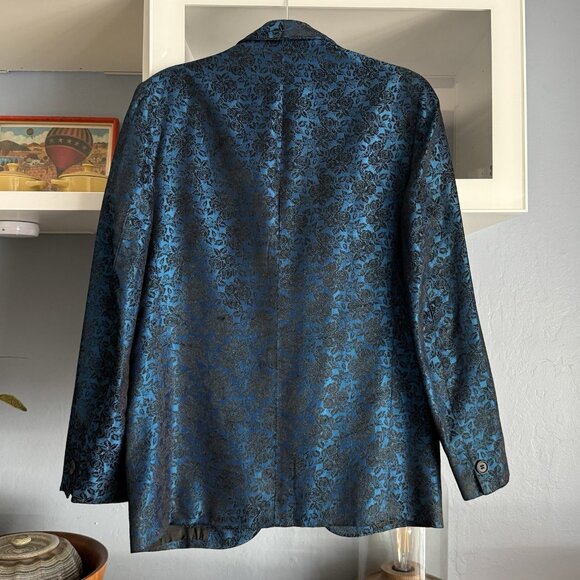 Vintage 60’s Blue Black Floral Jacquard Tuxedo Blazer Jacket 40” Chest - Picture 2 of 5
